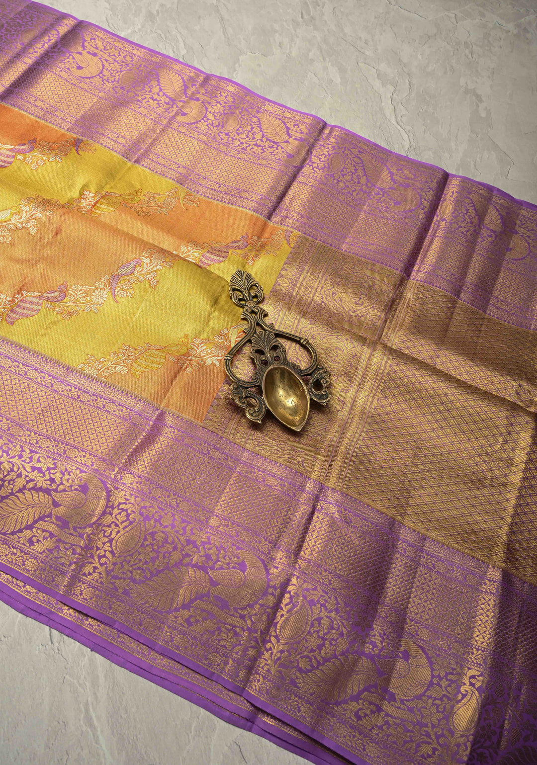 Gold-Orange Leheria Design on Pure Kanjivaram Tissue Silk Saree with Meenakari Floral-Birds Stripes and Contrast Zari Border | SILK MARK CERTIFIED