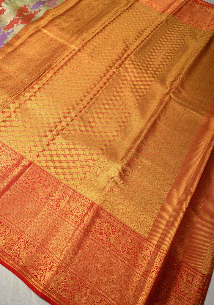 Multicolor Pastel Hued Rangkaat Style on Pure Kanjivaram Tissue Silk Saree with Meenakari Floral Jaal and Contrast Zari Border | SILK MARK CERTIFIED
