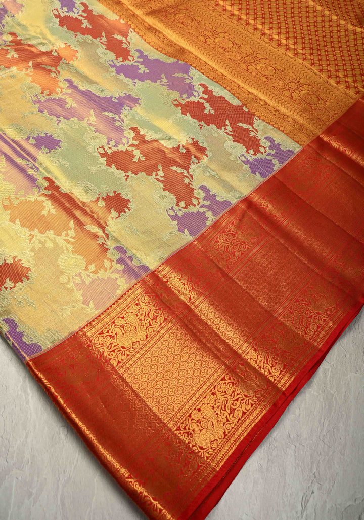 Multicolor Pastel Hued Rangkaat Style on Pure Kanjivaram Tissue Silk Saree with Meenakari Floral Jaal and Contrast Zari Border | SILK MARK CERTIFIED