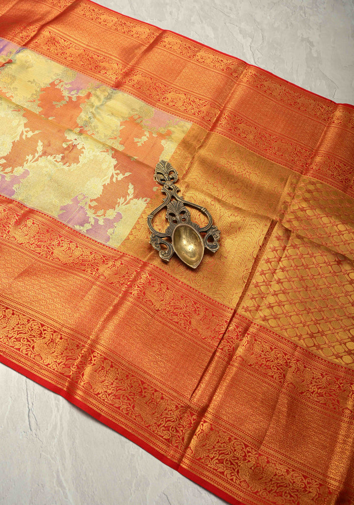 Multicolor Pastel Hued Rangkaat Style on Pure Kanjivaram Tissue Silk Saree with Meenakari Floral Jaal and Contrast Zari Border | SILK MARK CERTIFIED
