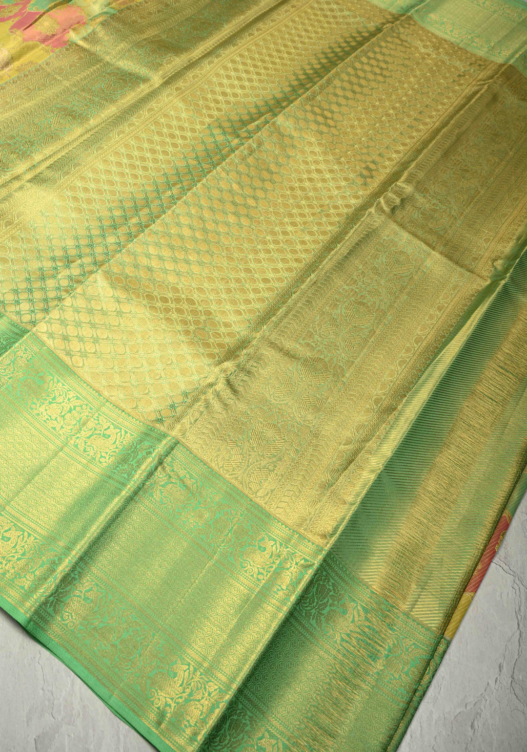 Rangkaat Style on Pure Kanjivaram Tissue Silk Saree with Meenakari Floral Brocade Jaal and Zari Border | SILK MARK CERTIFIED