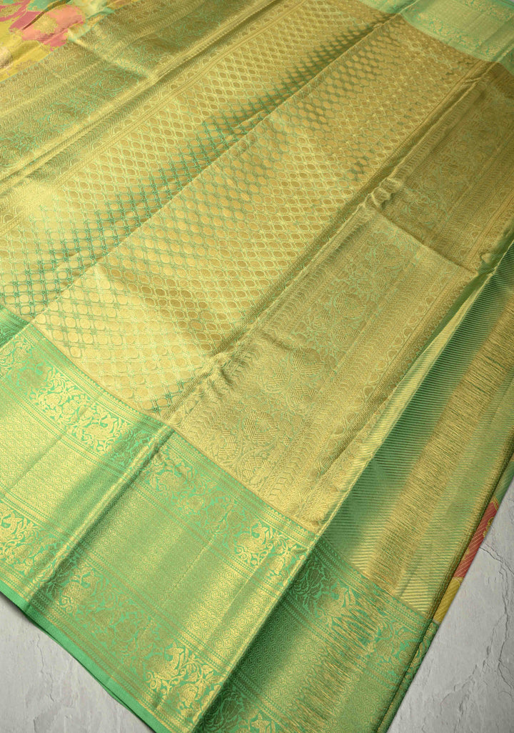 Rangkaat Style on Pure Kanjivaram Tissue Silk Saree with Meenakari Floral Brocade Jaal and Zari Border | SILK MARK CERTIFIED