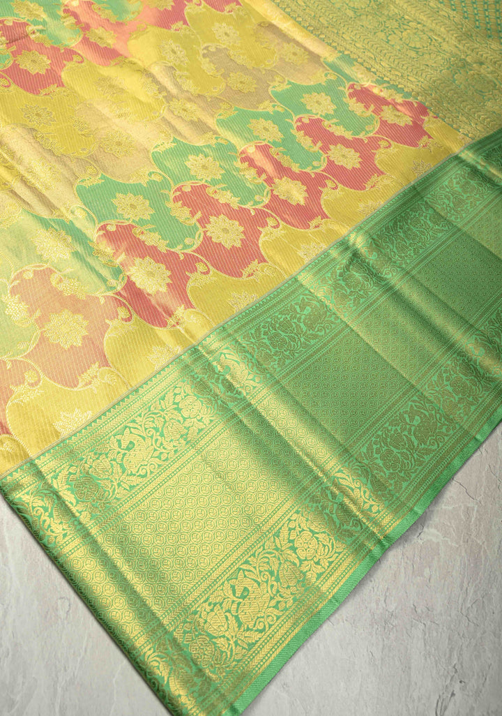 Rangkaat Style on Pure Kanjivaram Tissue Silk Saree with Meenakari Floral Brocade Jaal and Zari Border | SILK MARK CERTIFIED