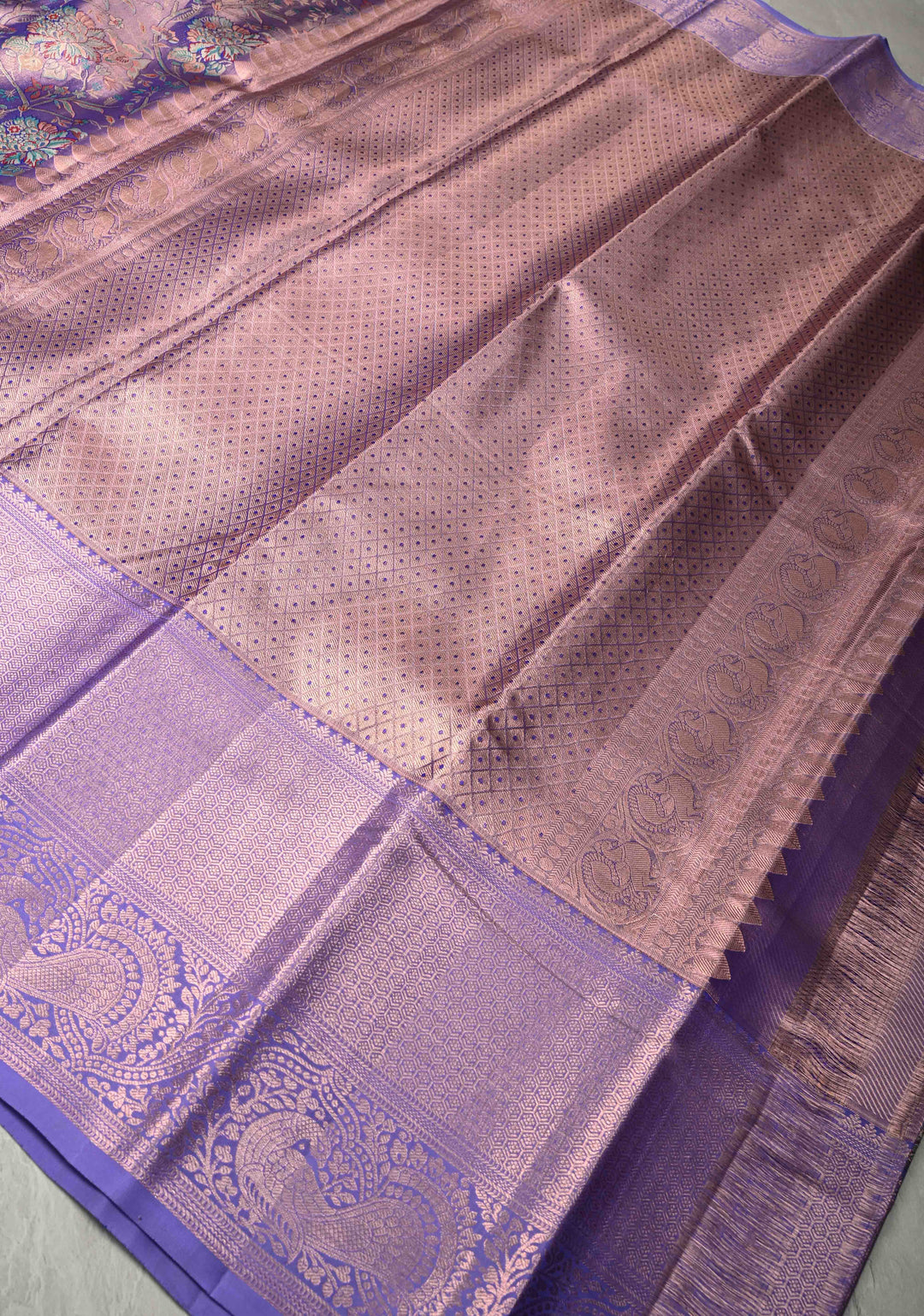 Soft lavender purple Tissue Kanjivaram Silk Saree with Meenakari Floral Brocade Jaal  Wide Zari Border  | SILK MARK CERTIFIED