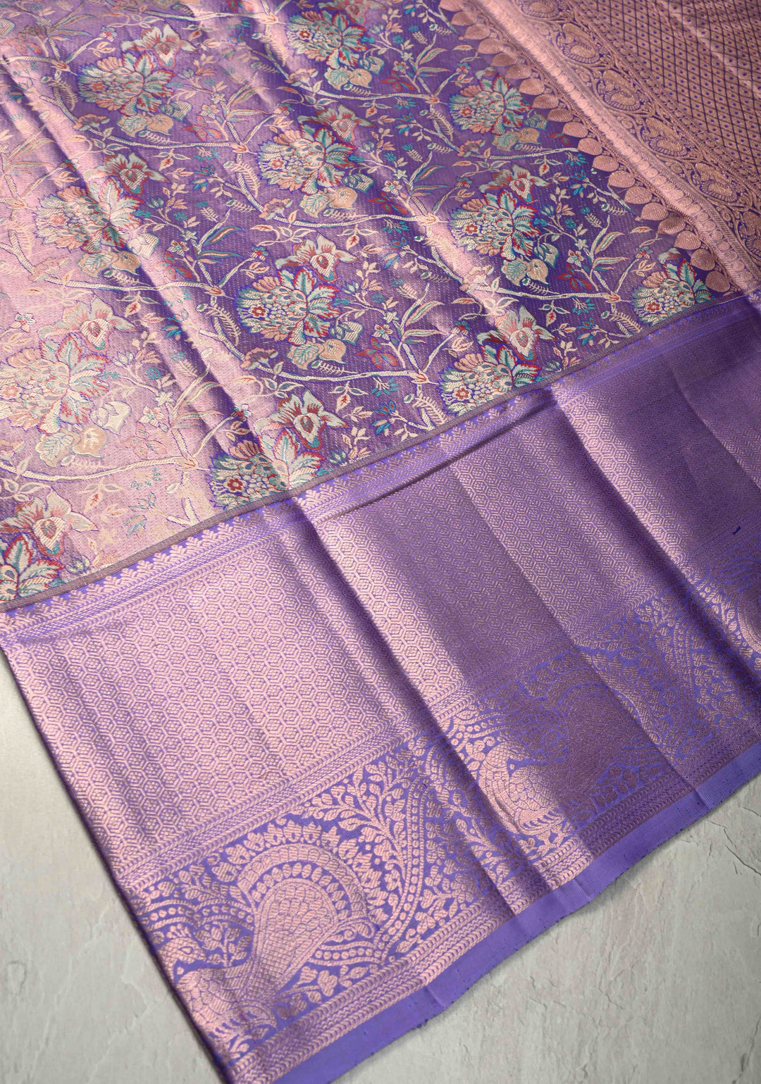 Soft lavender purple Tissue Kanjivaram Silk Saree with Meenakari Floral Brocade Jaal  Wide Zari Border  | SILK MARK CERTIFIED