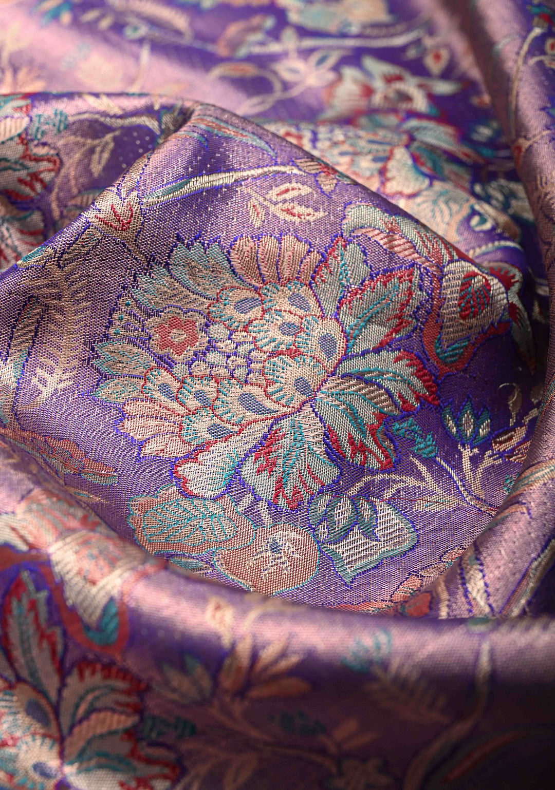 Soft lavender purple Tissue Kanjivaram Silk Saree with Meenakari Floral Brocade Jaal  Wide Zari Border  | SILK MARK CERTIFIED