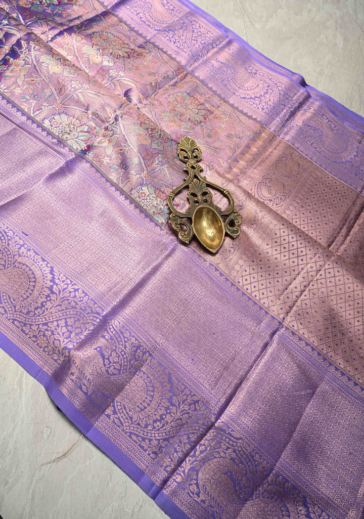 Soft lavender purple Tissue Kanjivaram Silk Saree with Meenakari Floral Brocade Jaal  Wide Zari Border  | SILK MARK CERTIFIED
