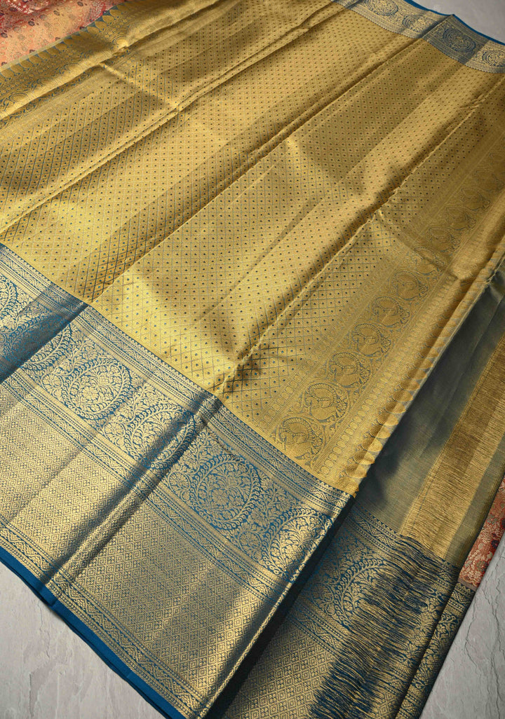 Rust Red Pure Kanjivaram Tissue Silk Saree with Meenakari Floral Brocade Jaal and Contrast Zari Border | SILK MARK CERTIFIED