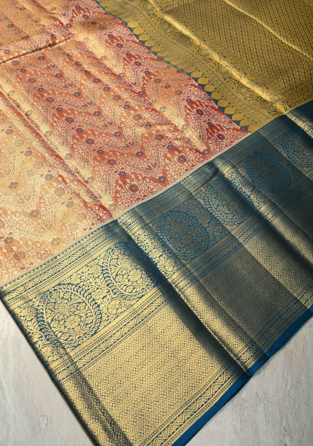 Rust Red Pure Kanjivaram Tissue Silk Saree with Meenakari Floral Brocade Jaal and Contrast Zari Border | SILK MARK CERTIFIED