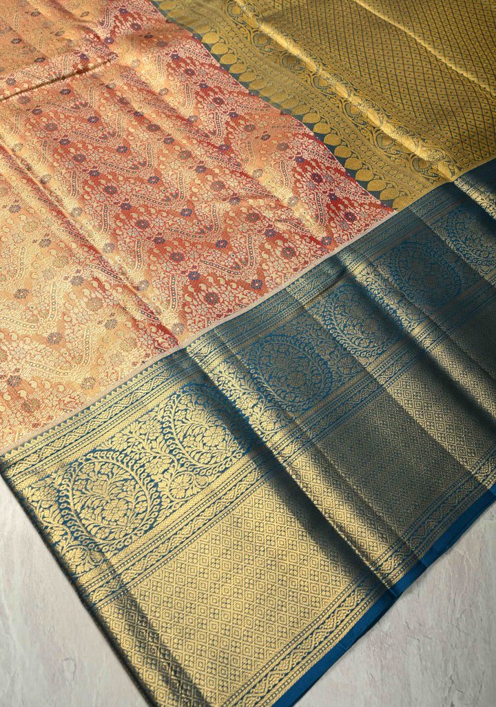 Rust Red Pure Kanjivaram Tissue Silk Saree with Meenakari Floral Brocade Jaal and Contrast Zari Border | SILK MARK CERTIFIED