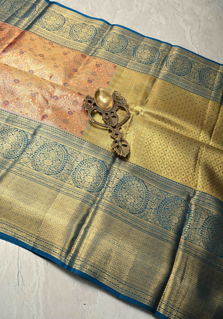 Rust Red Pure Kanjivaram Tissue Silk Saree with Meenakari Floral Brocade Jaal and Contrast Zari Border | SILK MARK CERTIFIED