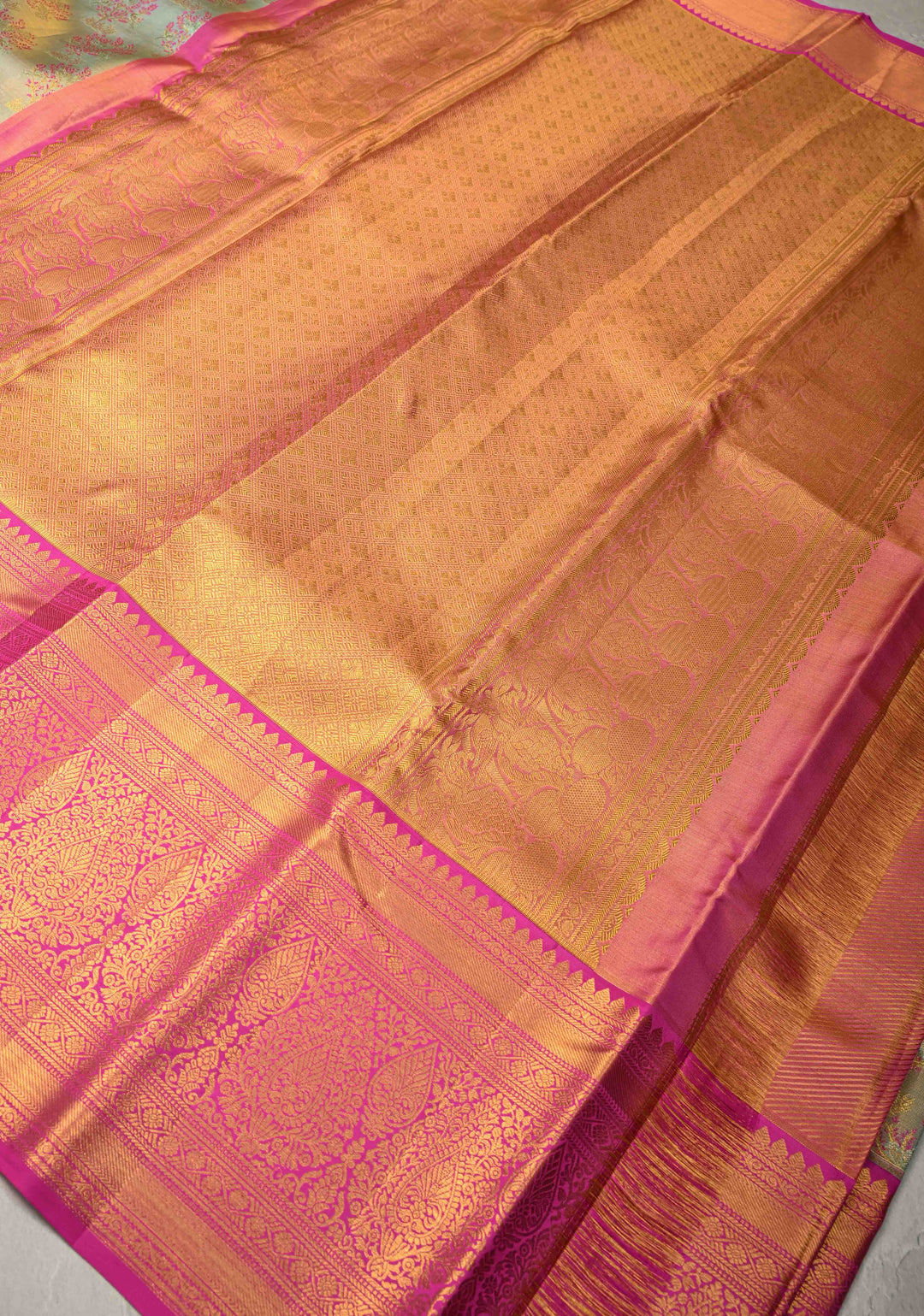 Sage Green Pure Kanjivaram Tissue Silk Saree with Meenakari Floral Brocade and Contrast Zari Border | SILK MARK CERTIFIED