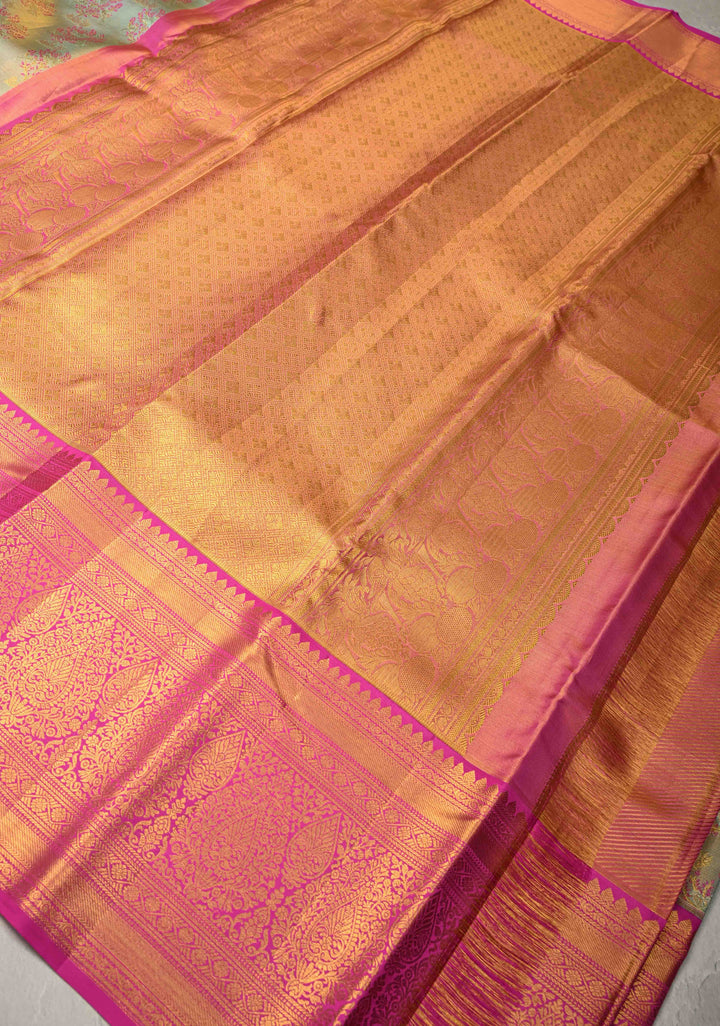 Sage Green Pure Kanjivaram Tissue Silk Saree with Meenakari Floral Brocade and Contrast Zari Border | SILK MARK CERTIFIED