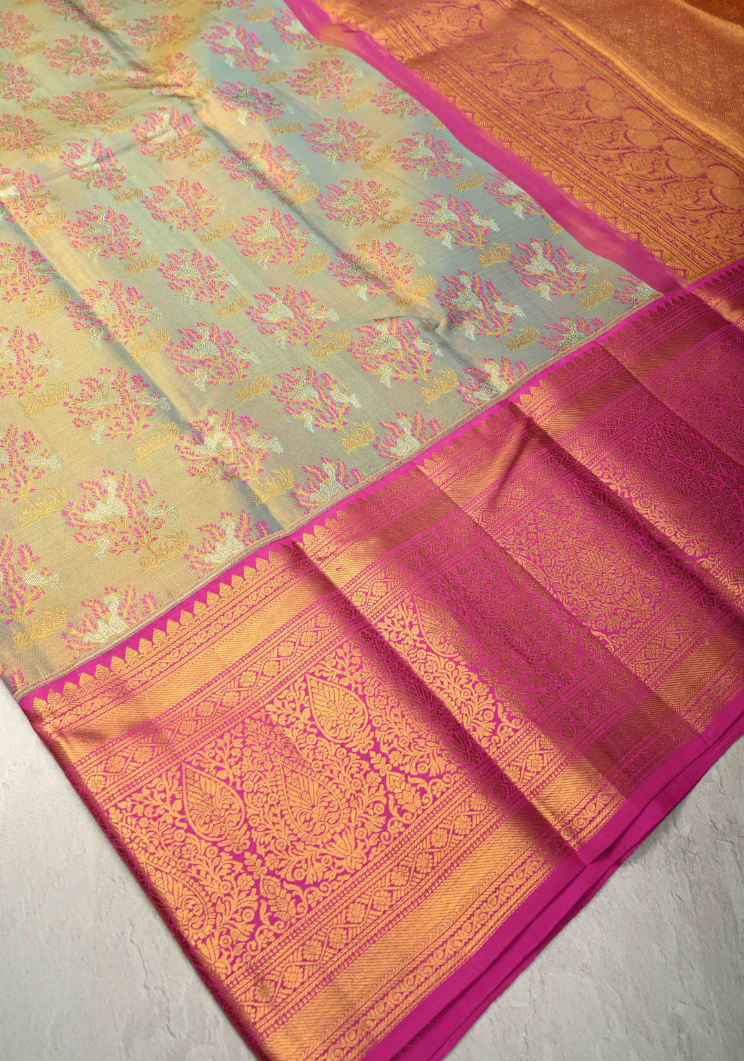 Sage Green Pure Kanjivaram Tissue Silk Saree with Meenakari Floral Brocade and Contrast Zari Border | SILK MARK CERTIFIED