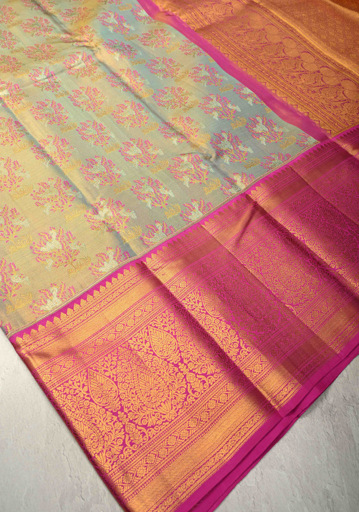 Sage Green Pure Kanjivaram Tissue Silk Saree with Meenakari Floral Brocade and Contrast Zari Border | SILK MARK CERTIFIED