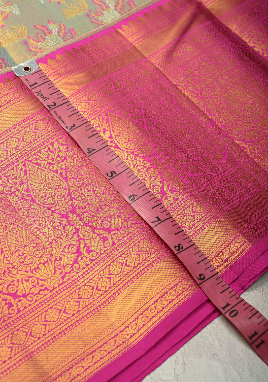 Sage Green Pure Kanjivaram Tissue Silk Saree with Meenakari Floral Brocade and Contrast Zari Border | SILK MARK CERTIFIED