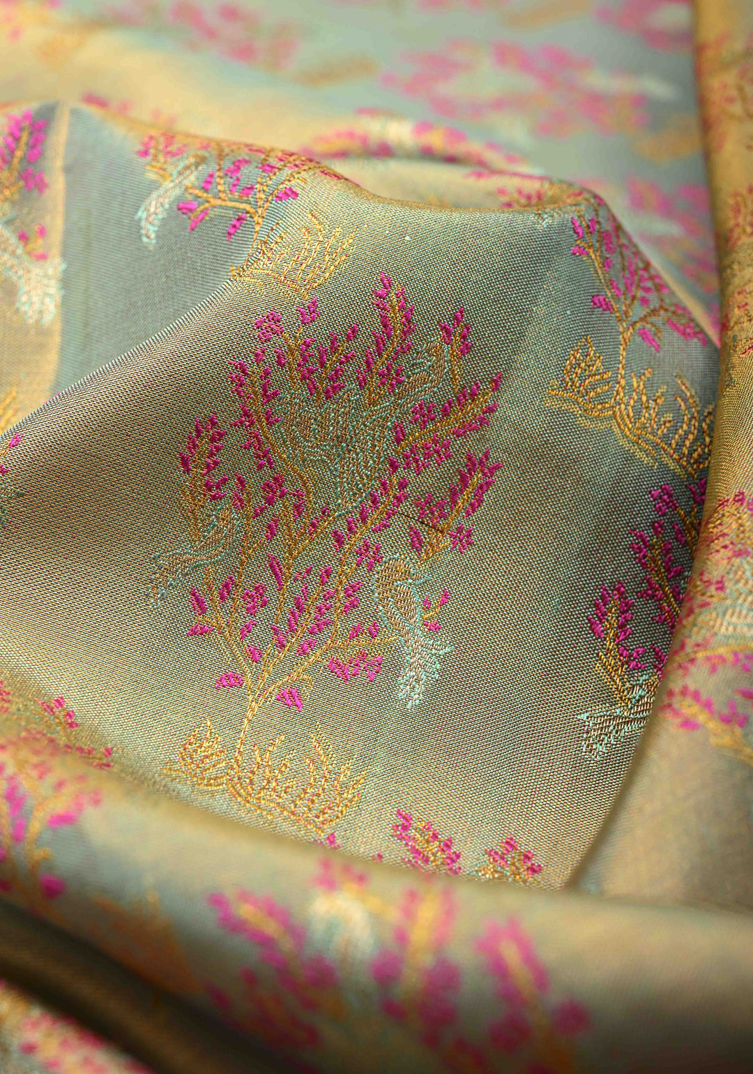 Sage Green Pure Kanjivaram Tissue Silk Saree with Meenakari Floral Brocade and Contrast Zari Border | SILK MARK CERTIFIED