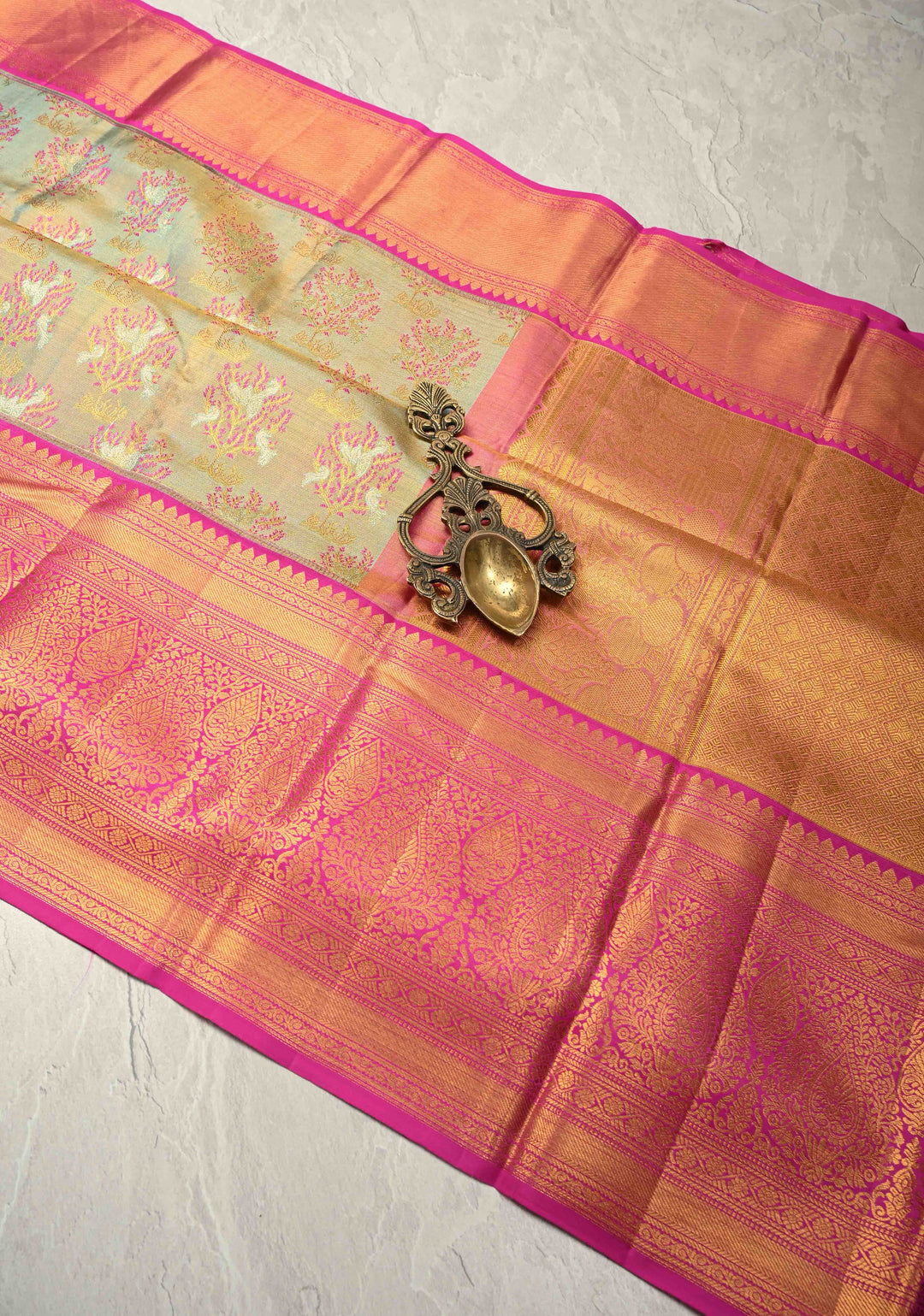 Sage Green Pure Kanjivaram Tissue Silk Saree with Meenakari Floral Brocade and Contrast Zari Border | SILK MARK CERTIFIED