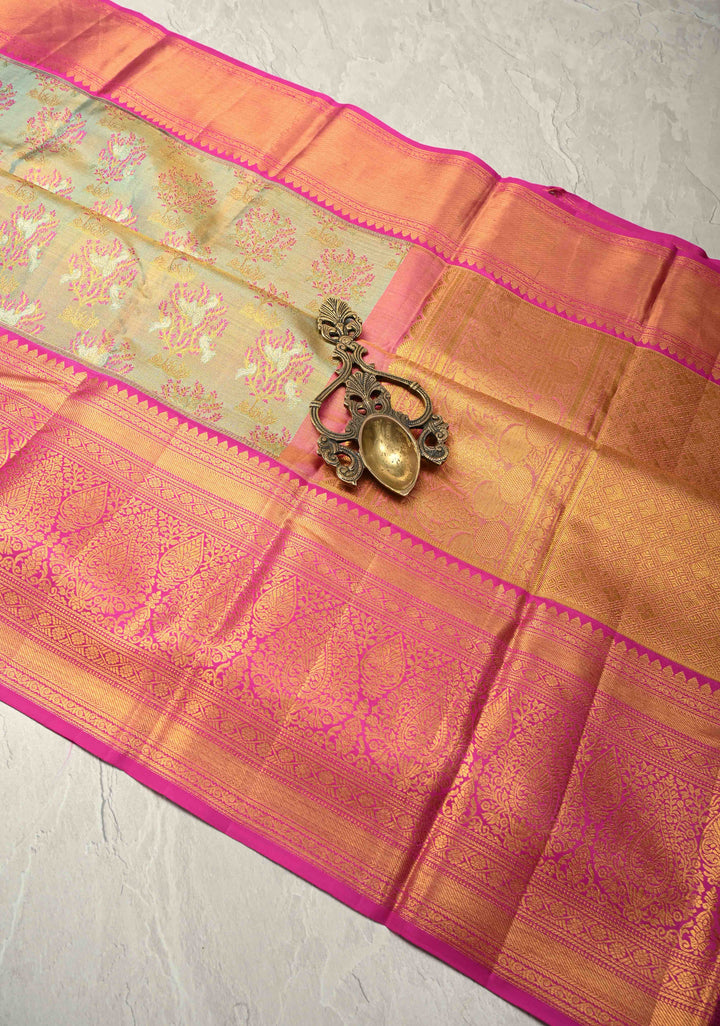 Sage Green Pure Kanjivaram Tissue Silk Saree with Meenakari Floral Brocade and Contrast Zari Border | SILK MARK CERTIFIED