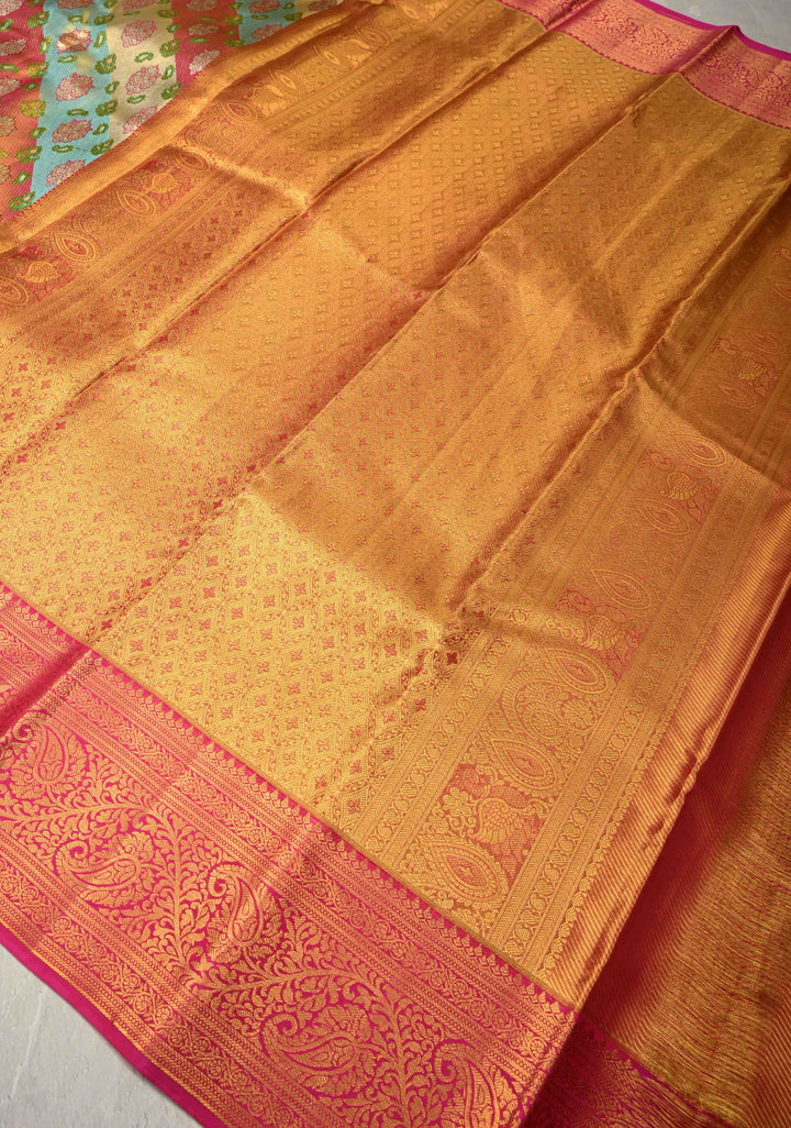 Rangkaat Style on Pure Kanjivaram Tissue Silk Saree with Diagonal Pattern and Zari Border | SILK MARK CERTIFIED