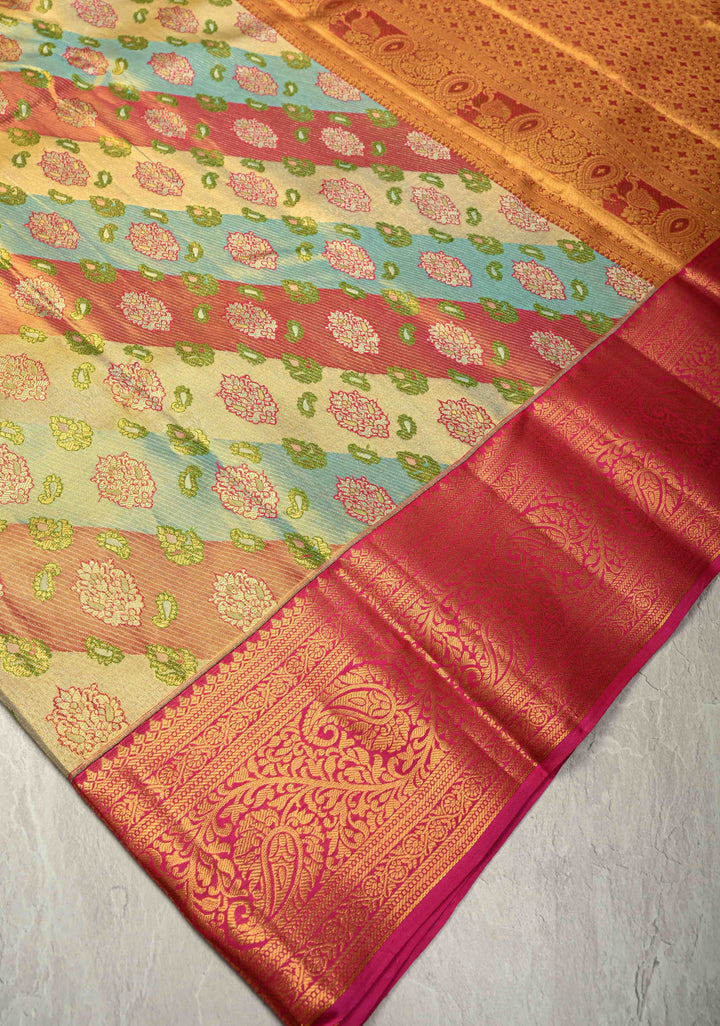 Rangkaat Style on Pure Kanjivaram Tissue Silk Saree with Diagonal Pattern and Zari Border | SILK MARK CERTIFIED