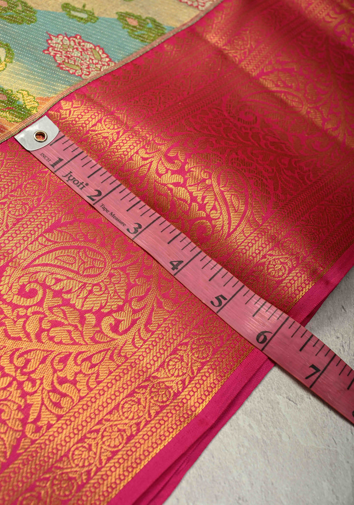 Rangkaat Style on Pure Kanjivaram Tissue Silk Saree with Diagonal Pattern and Zari Border | SILK MARK CERTIFIED