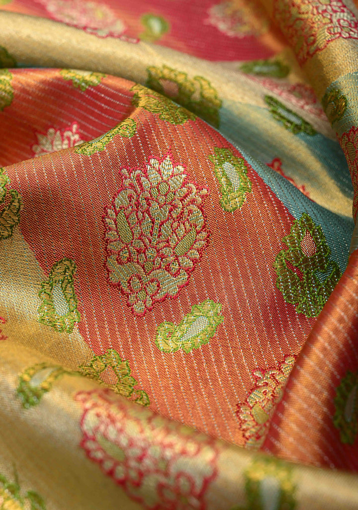 Rangkaat Style on Pure Kanjivaram Tissue Silk Saree with Diagonal Pattern and Zari Border | SILK MARK CERTIFIED