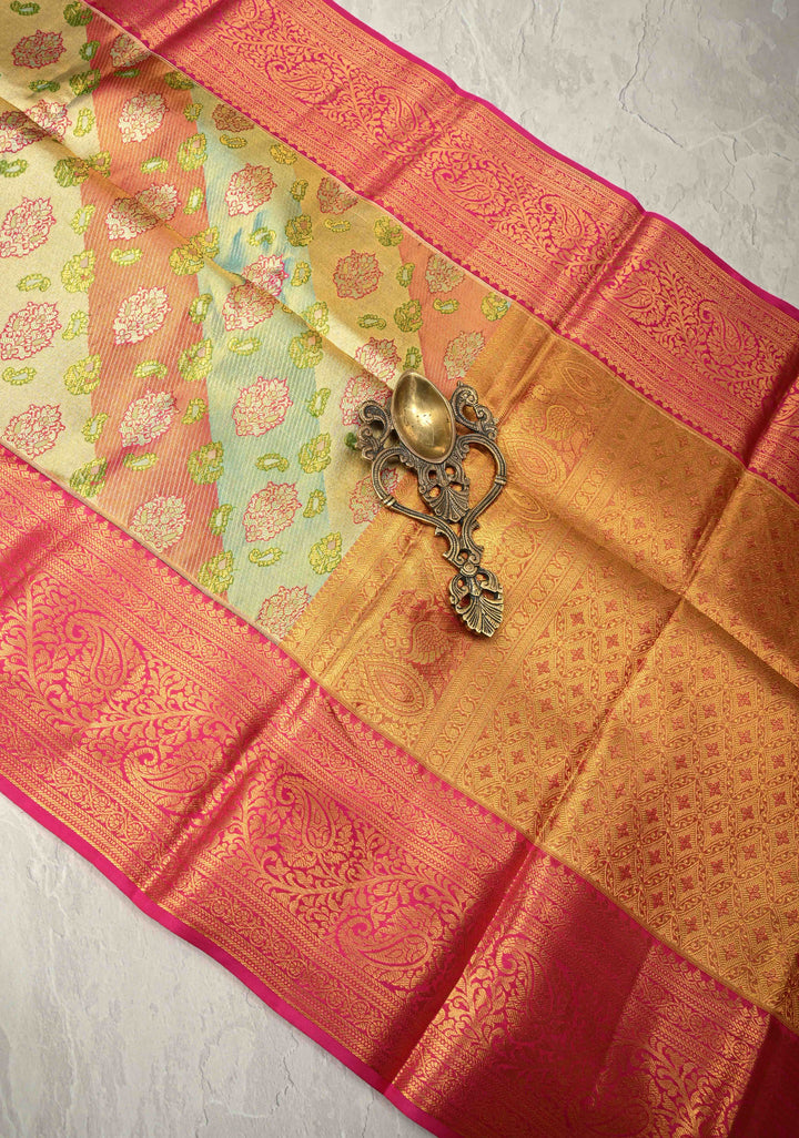 Rangkaat Style on Pure Kanjivaram Tissue Silk Saree with Diagonal Pattern and Zari Border | SILK MARK CERTIFIED