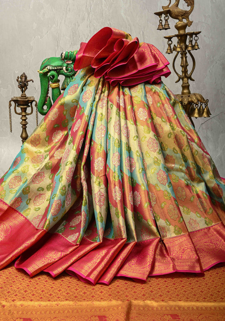 Rangkaat Style on Pure Kanjivaram Tissue Silk Saree with Diagonal Pattern and Zari Border | SILK MARK CERTIFIED