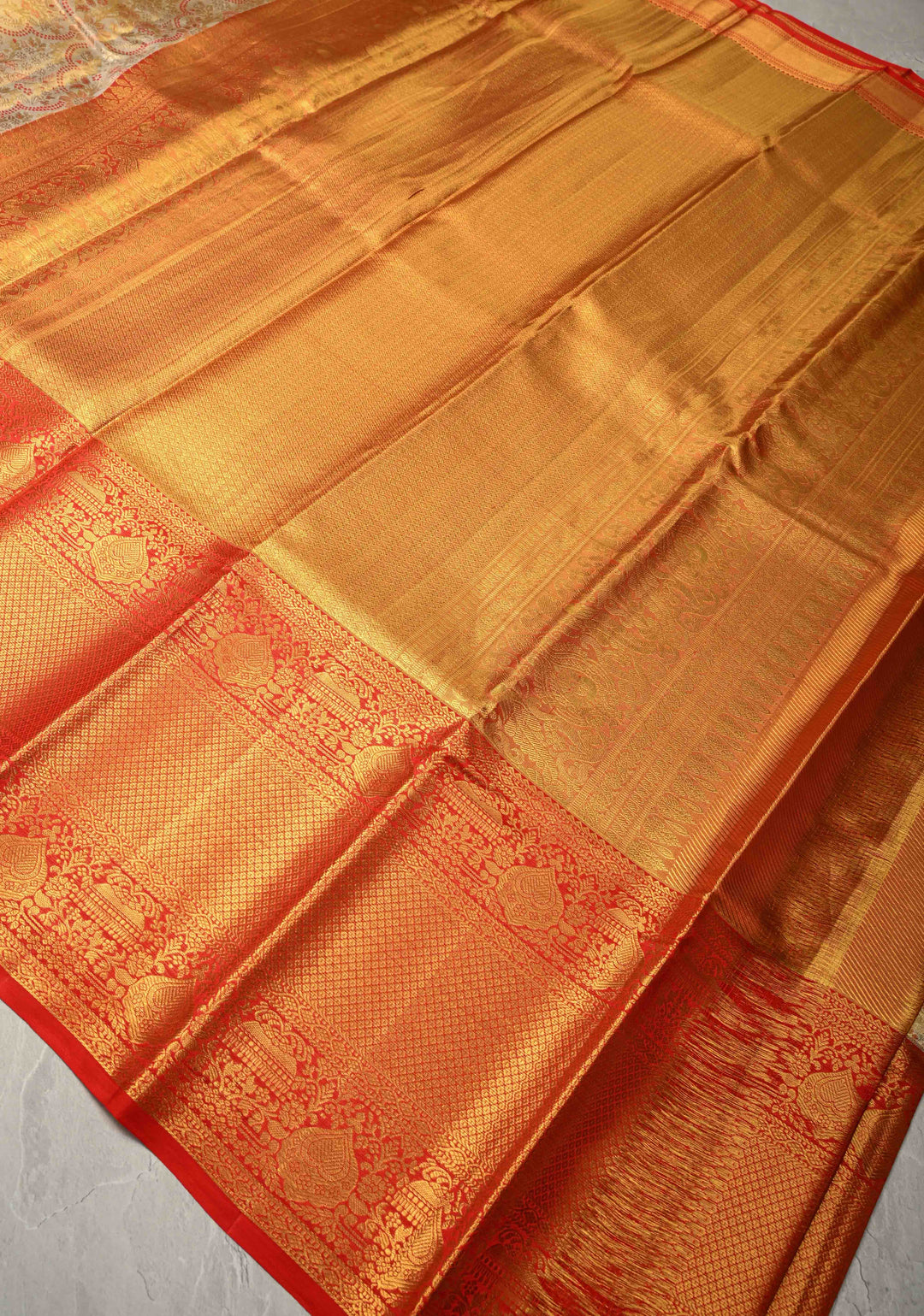 Beige Pure Kanjivaram Tissue Silk Saree with Meenakari Floral Brocade Jaal and Contrast Wide Zari Border | SILK MARK CERTIFIED