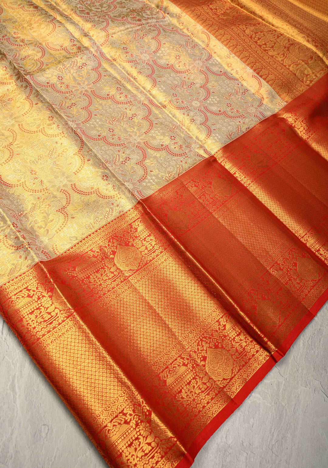 Beige Pure Kanjivaram Tissue Silk Saree with Meenakari Floral Brocade Jaal and Contrast Wide Zari Border | SILK MARK CERTIFIED