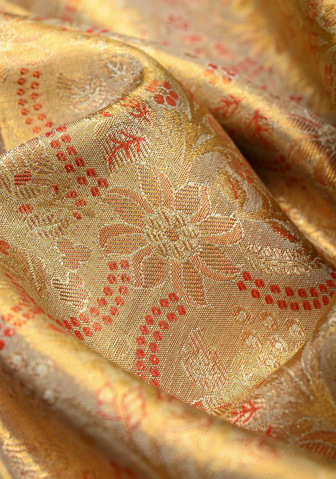 Beige Pure Kanjivaram Tissue Silk Saree with Meenakari Floral Brocade Jaal and Contrast Wide Zari Border | SILK MARK CERTIFIED