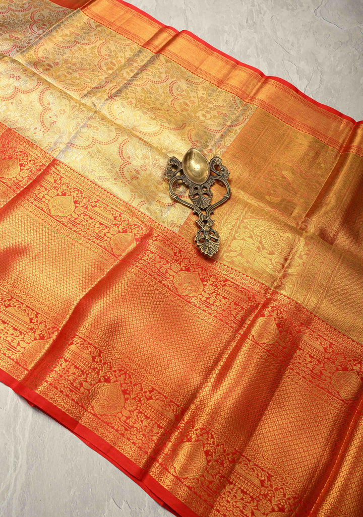 Beige Pure Kanjivaram Tissue Silk Saree with Meenakari Floral Brocade Jaal and Contrast Wide Zari Border | SILK MARK CERTIFIED