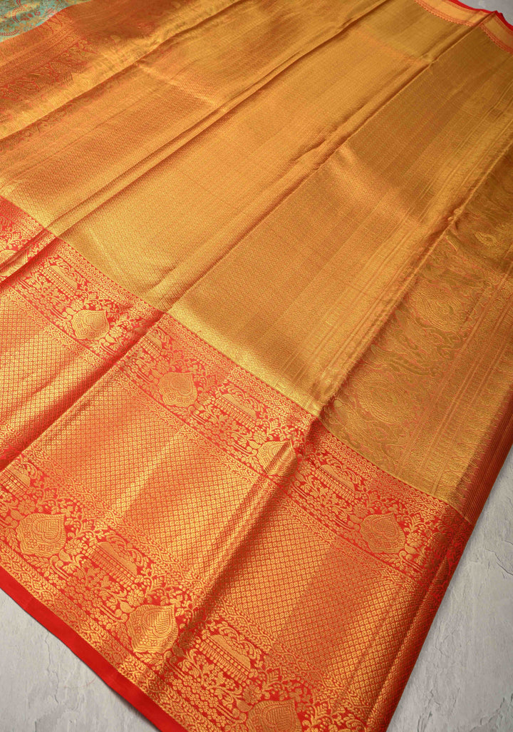 Turquoise Pure Kanjivaram Tissue Silk Saree with Meenakari Floral Brocade Jaal and Contrast Wide Zari Border | SILK MARK CERTIFIED