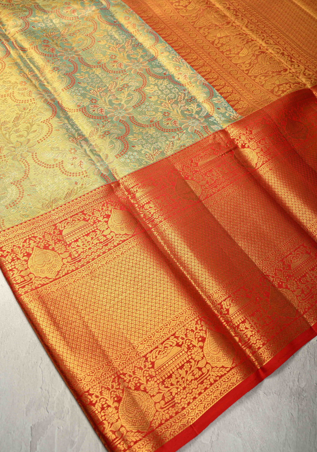 Turquoise Pure Kanjivaram Tissue Silk Saree with Meenakari Floral Brocade Jaal and Contrast Wide Zari Border | SILK MARK CERTIFIED