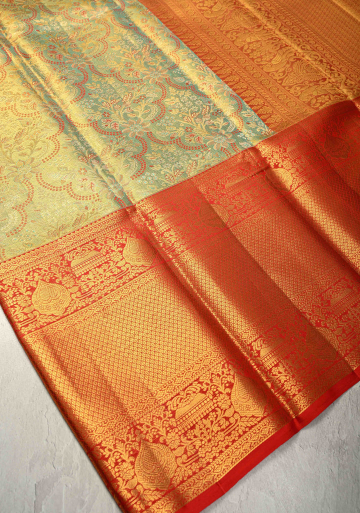 Turquoise Pure Kanjivaram Tissue Silk Saree with Meenakari Floral Brocade Jaal and Contrast Wide Zari Border | SILK MARK CERTIFIED