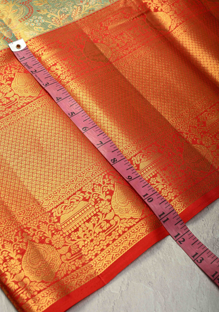 Turquoise Pure Kanjivaram Tissue Silk Saree with Meenakari Floral Brocade Jaal and Contrast Wide Zari Border | SILK MARK CERTIFIED