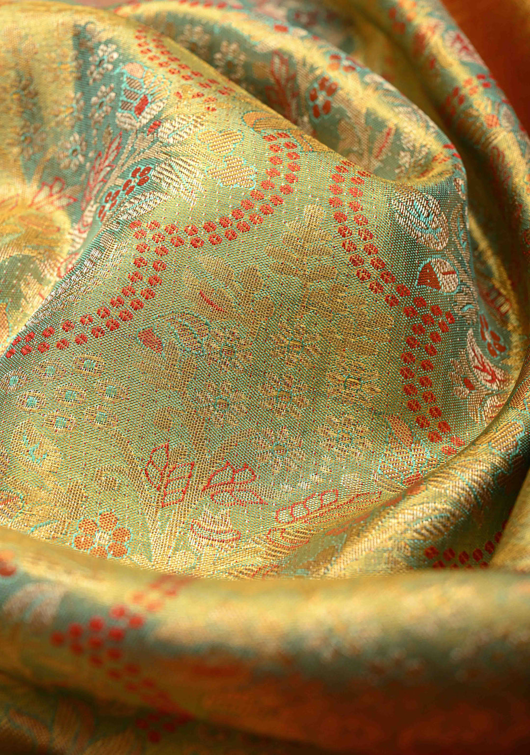 Turquoise Pure Kanjivaram Tissue Silk Saree with Meenakari Floral Brocade Jaal and Contrast Wide Zari Border | SILK MARK CERTIFIED