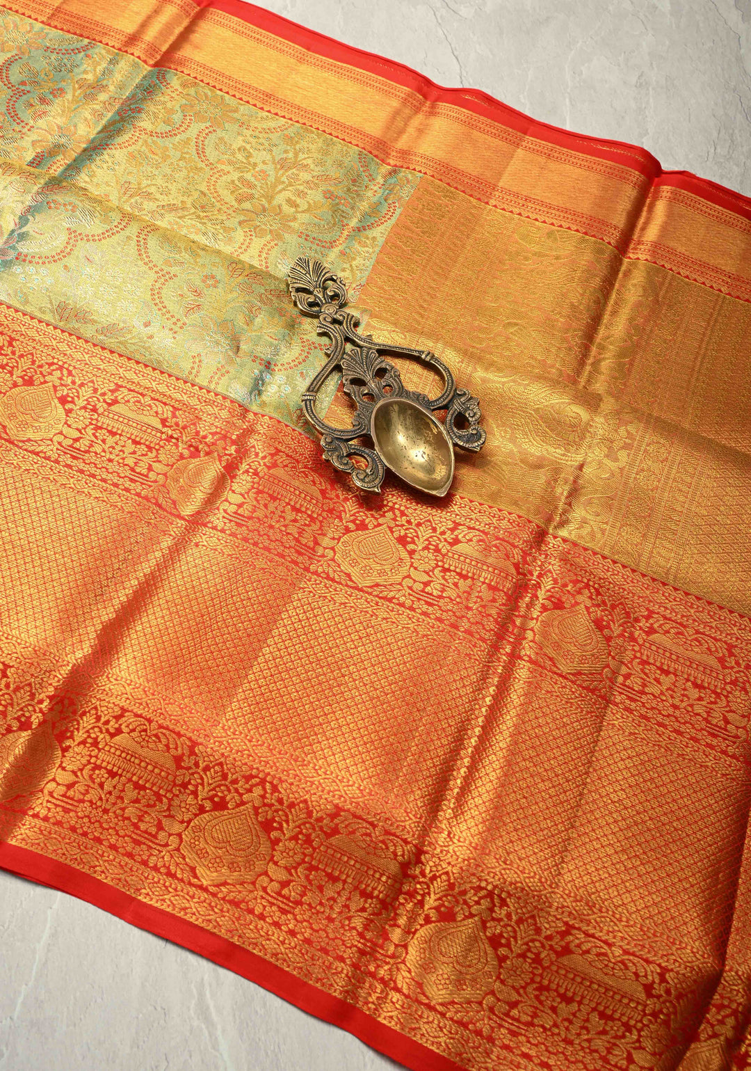 Turquoise Pure Kanjivaram Tissue Silk Saree with Meenakari Floral Brocade Jaal and Contrast Wide Zari Border | SILK MARK CERTIFIED