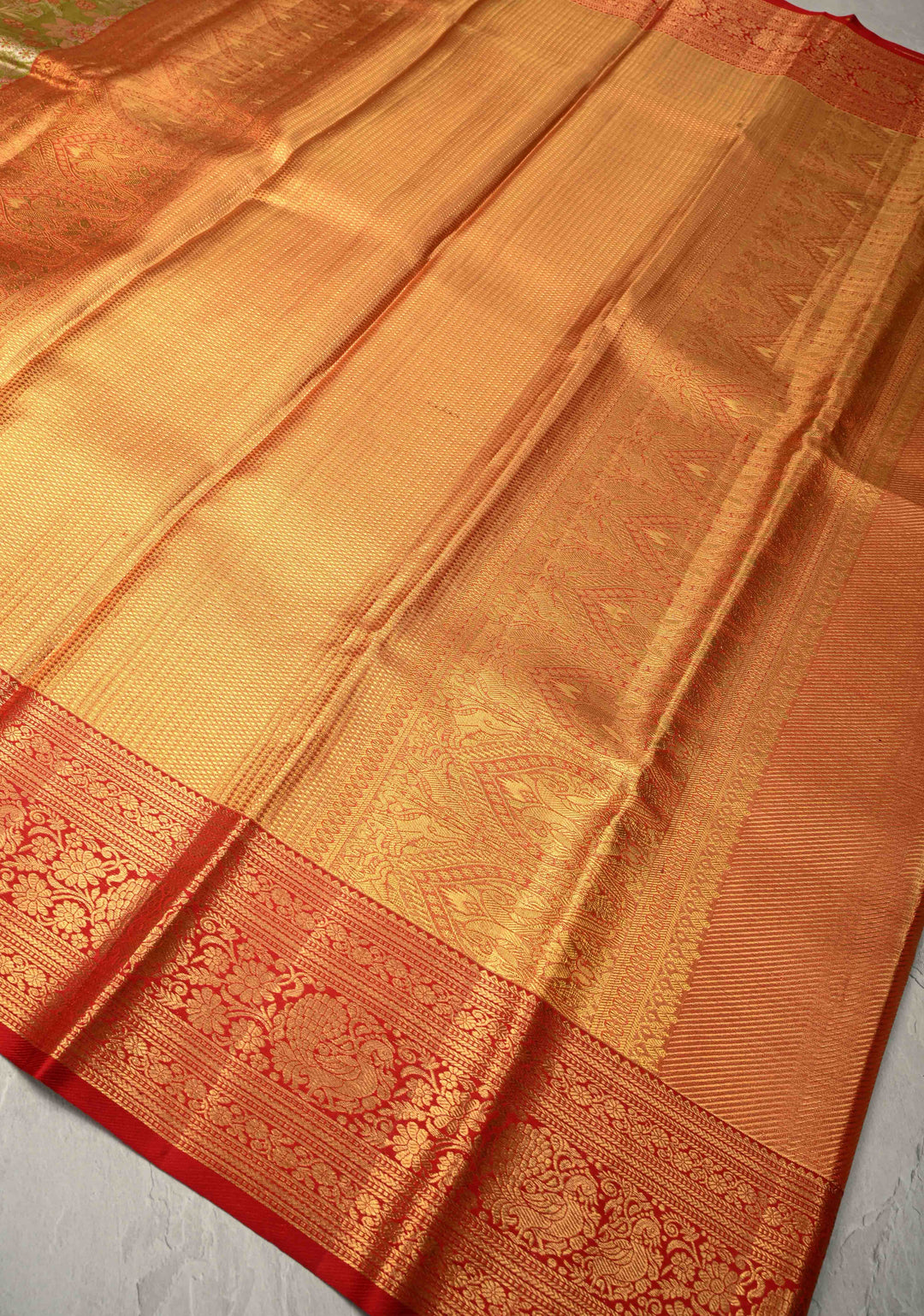 Lime Green Pure Kanjivaram Tissue Silk Saree with Meenakari Floral-Birds Jaal and Contrast Zari Border | SILK MARK CERTIFIED