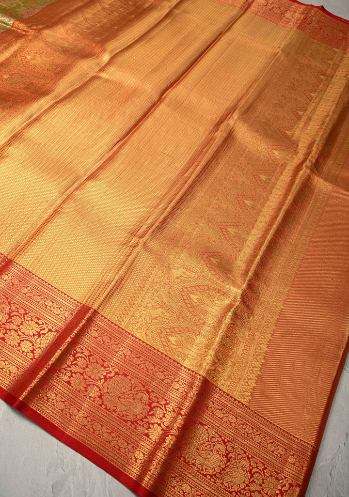 Lime Green Pure Kanjivaram Tissue Silk Saree with Meenakari Floral-Birds Jaal and Contrast Zari Border | SILK MARK CERTIFIED