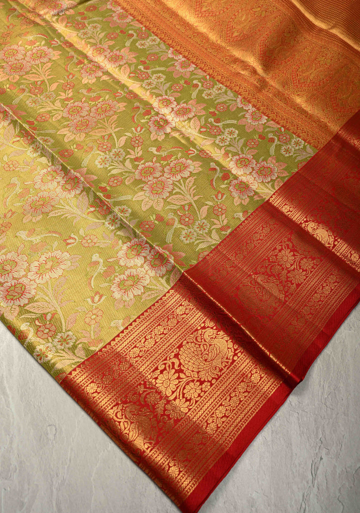 Lime Green Pure Kanjivaram Tissue Silk Saree with Meenakari Floral-Birds Jaal and Contrast Zari Border | SILK MARK CERTIFIED