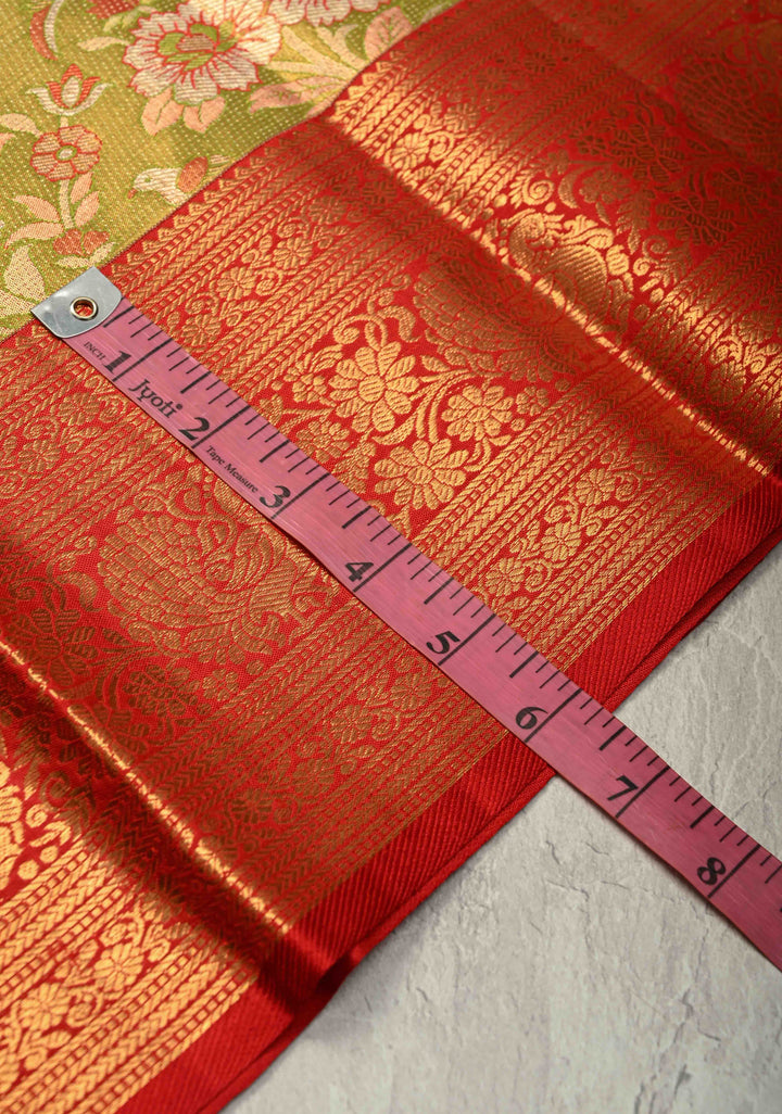 Lime Green Pure Kanjivaram Tissue Silk Saree with Meenakari Floral-Birds Jaal and Contrast Zari Border | SILK MARK CERTIFIED