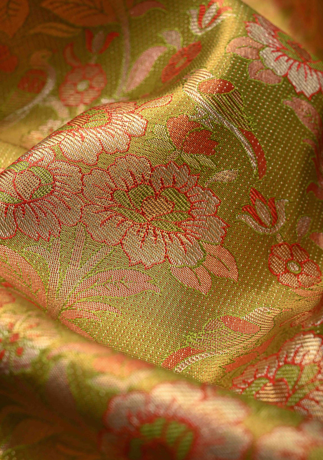 Lime Green Pure Kanjivaram Tissue Silk Saree with Meenakari Floral-Birds Jaal and Contrast Zari Border | SILK MARK CERTIFIED