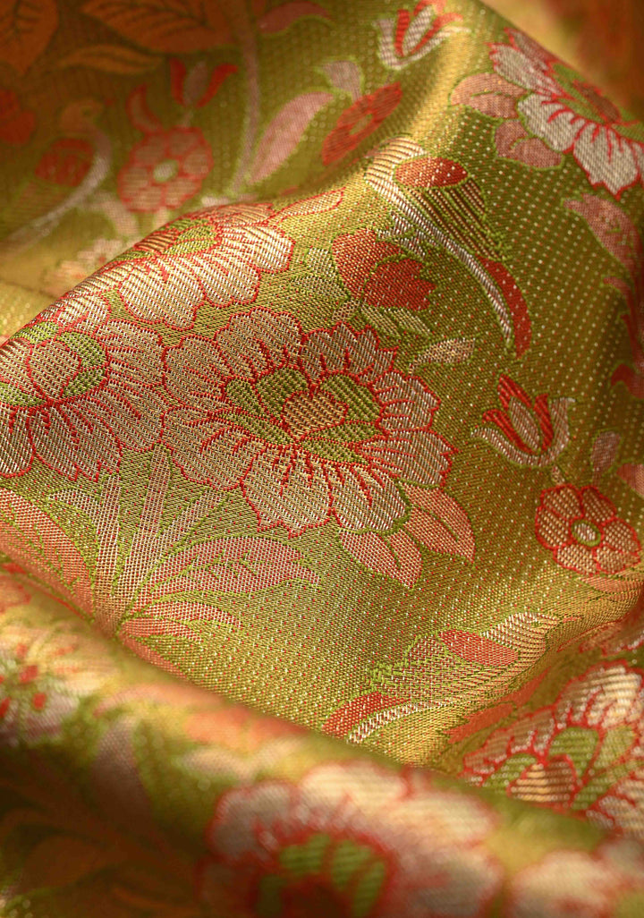 Lime Green Pure Kanjivaram Tissue Silk Saree with Meenakari Floral-Birds Jaal and Contrast Zari Border | SILK MARK CERTIFIED