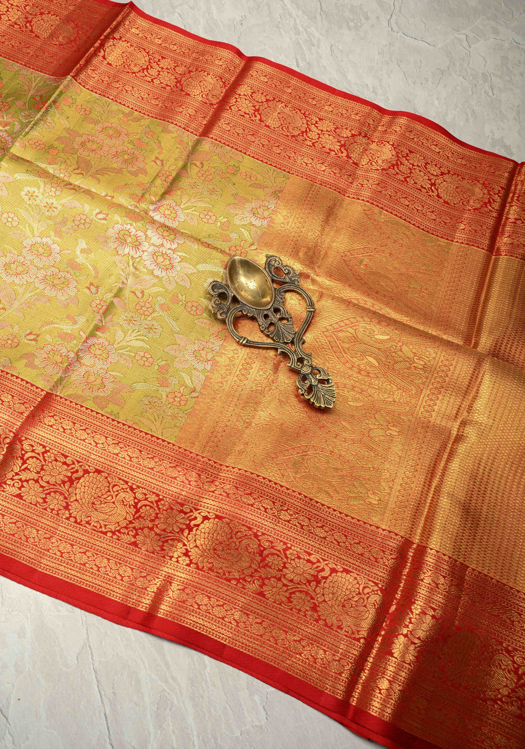 Lime Green Pure Kanjivaram Tissue Silk Saree with Meenakari Floral-Birds Jaal and Contrast Zari Border | SILK MARK CERTIFIED
