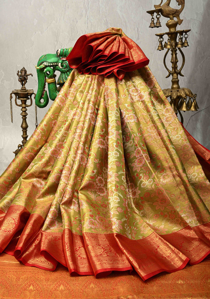 Lime Green Pure Kanjivaram Tissue Silk Saree with Meenakari Floral-Birds Jaal and Contrast Zari Border | SILK MARK CERTIFIED