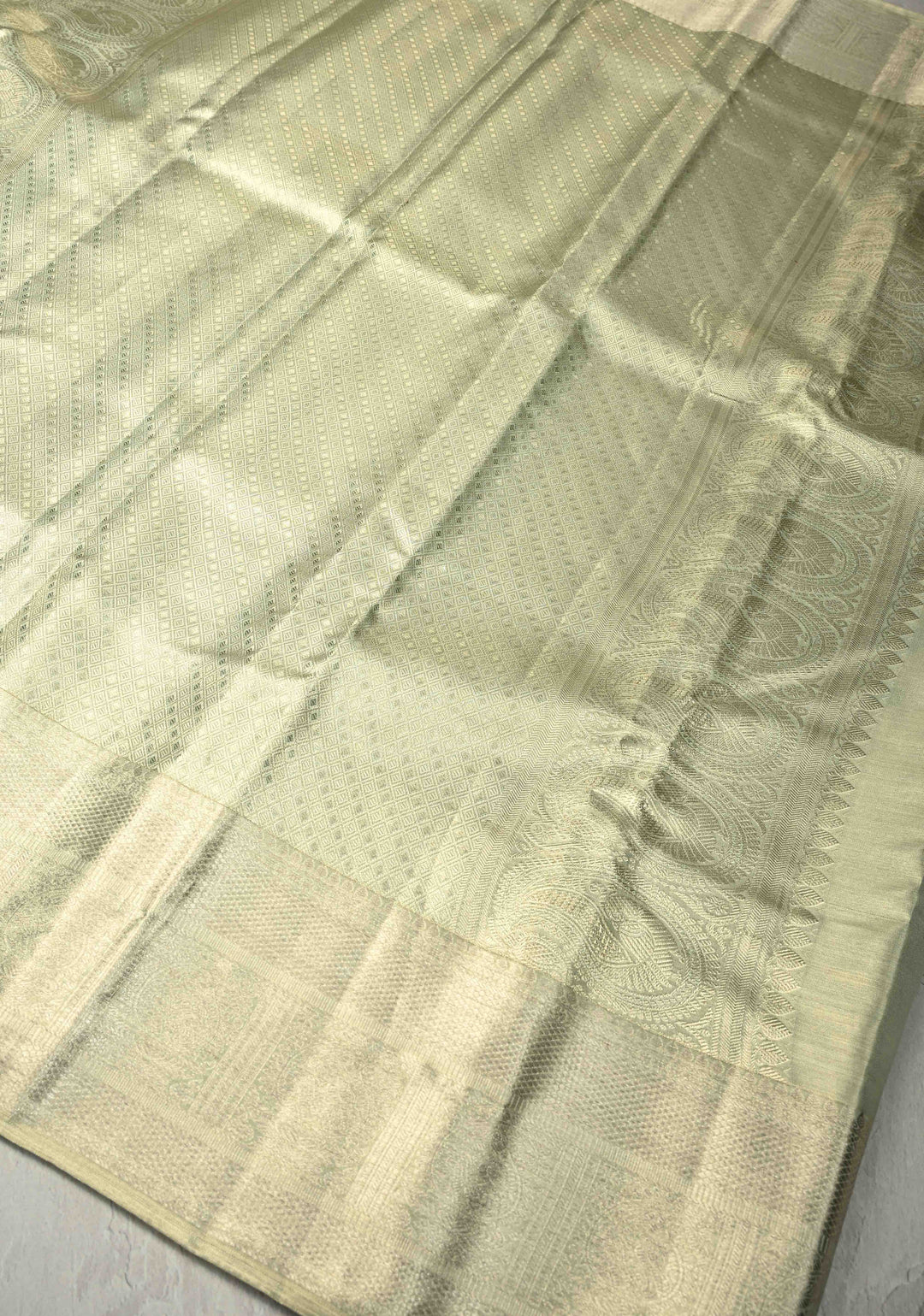 Sage Green Pure Kanjivaram Tissue Silk Saree with Meenakari Geometric Brocade Jaal and Zari Border | SILK MARK CERTIFIED