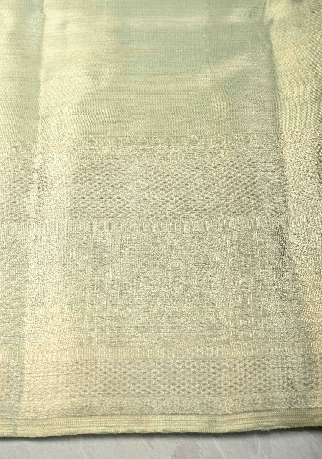 Sage Green Pure Kanjivaram Tissue Silk Saree with Meenakari Geometric Brocade Jaal and Zari Border | SILK MARK CERTIFIED