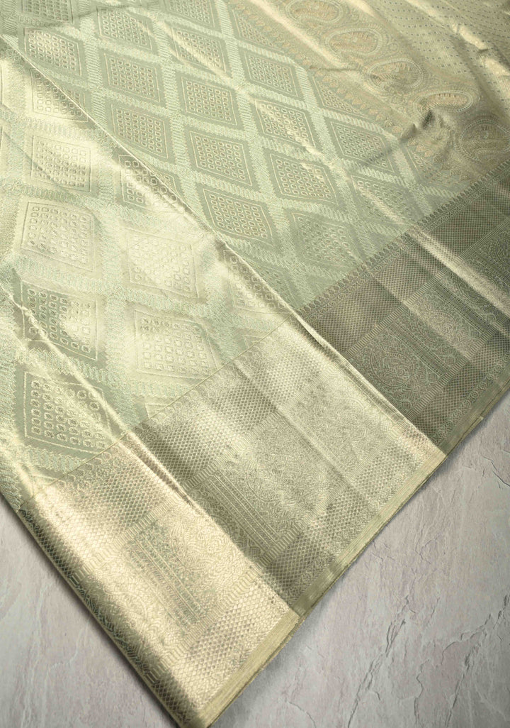 Sage Green Pure Kanjivaram Tissue Silk Saree with Meenakari Geometric Brocade Jaal and Zari Border | SILK MARK CERTIFIED
